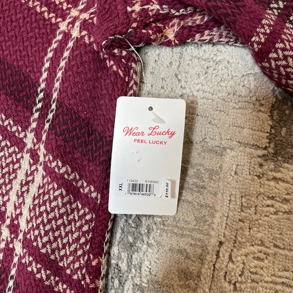 NEW Lucky Brand Men XXL Burgundy Plaid Flannel Textured Button Shirt Long Sleeve - Picture 8 of 13